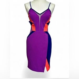 Three Floor Colorblock Purple, Coral, and Blue Bodycon Dress with mesh detail